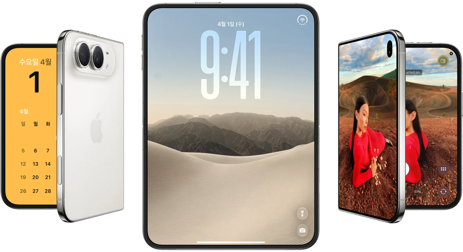 스타 화이트 iPhone Duo의 접힌 앞면과 뒷면, 펼친 내부 화면을 보여 주는 Apple 공식 이미지